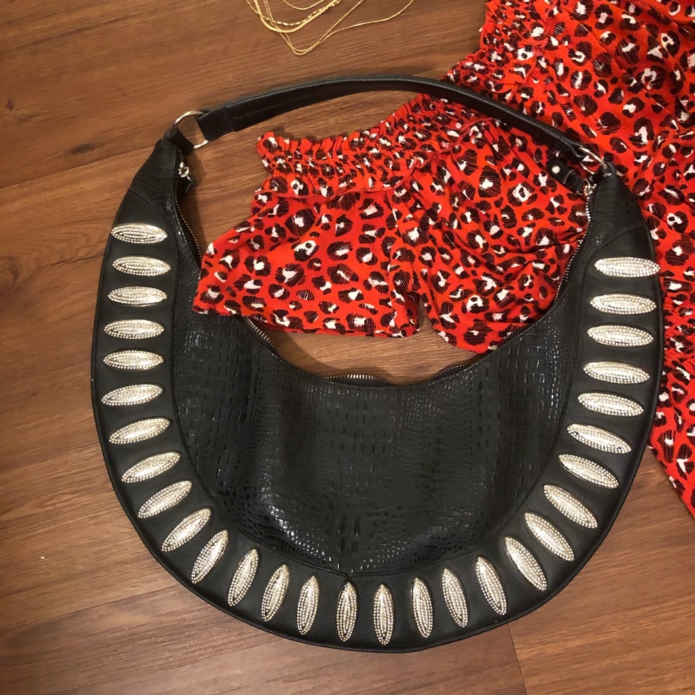Blue Elegance Black Crystal Studded Leather Purse